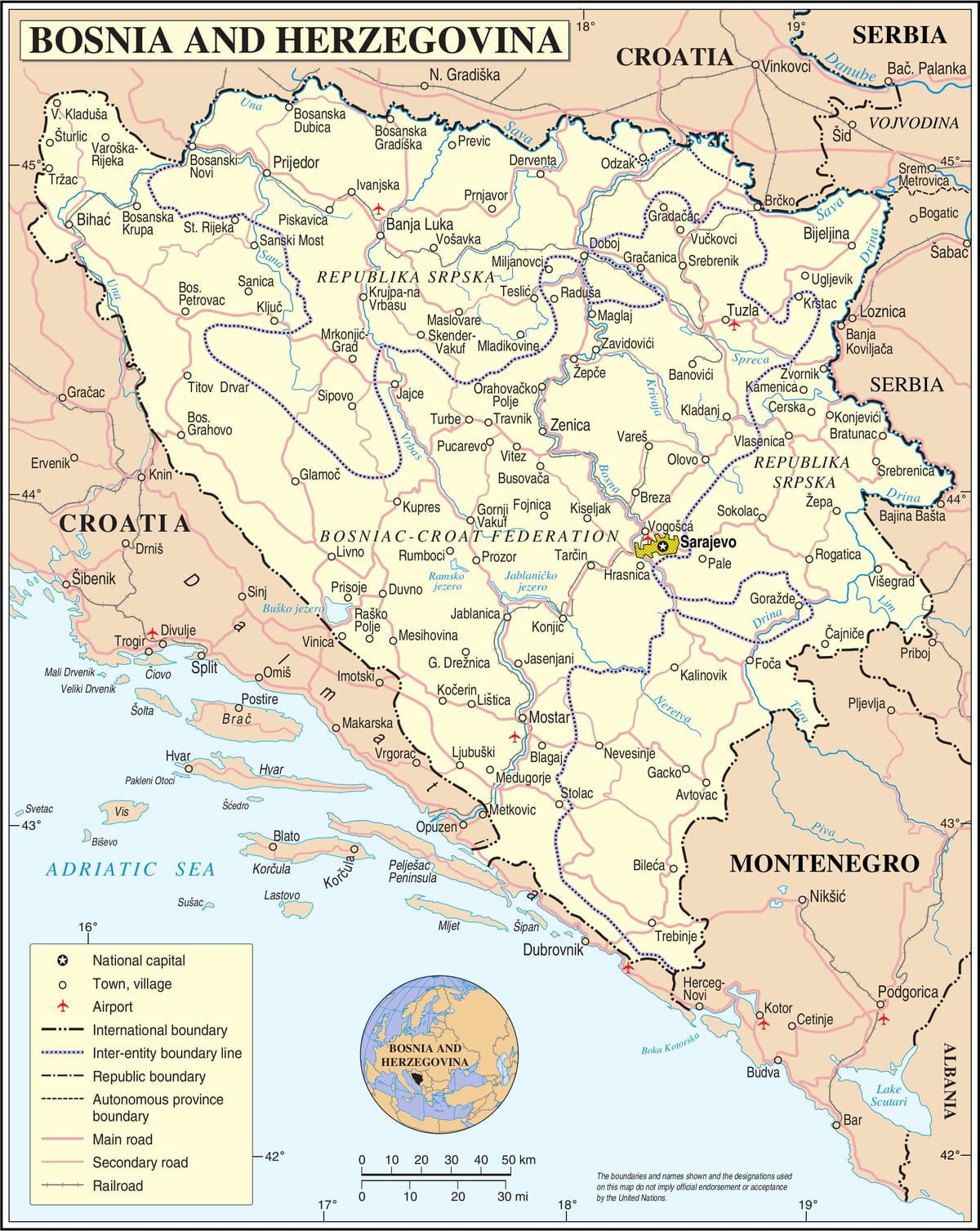 Kaart van Bosnië toeriste