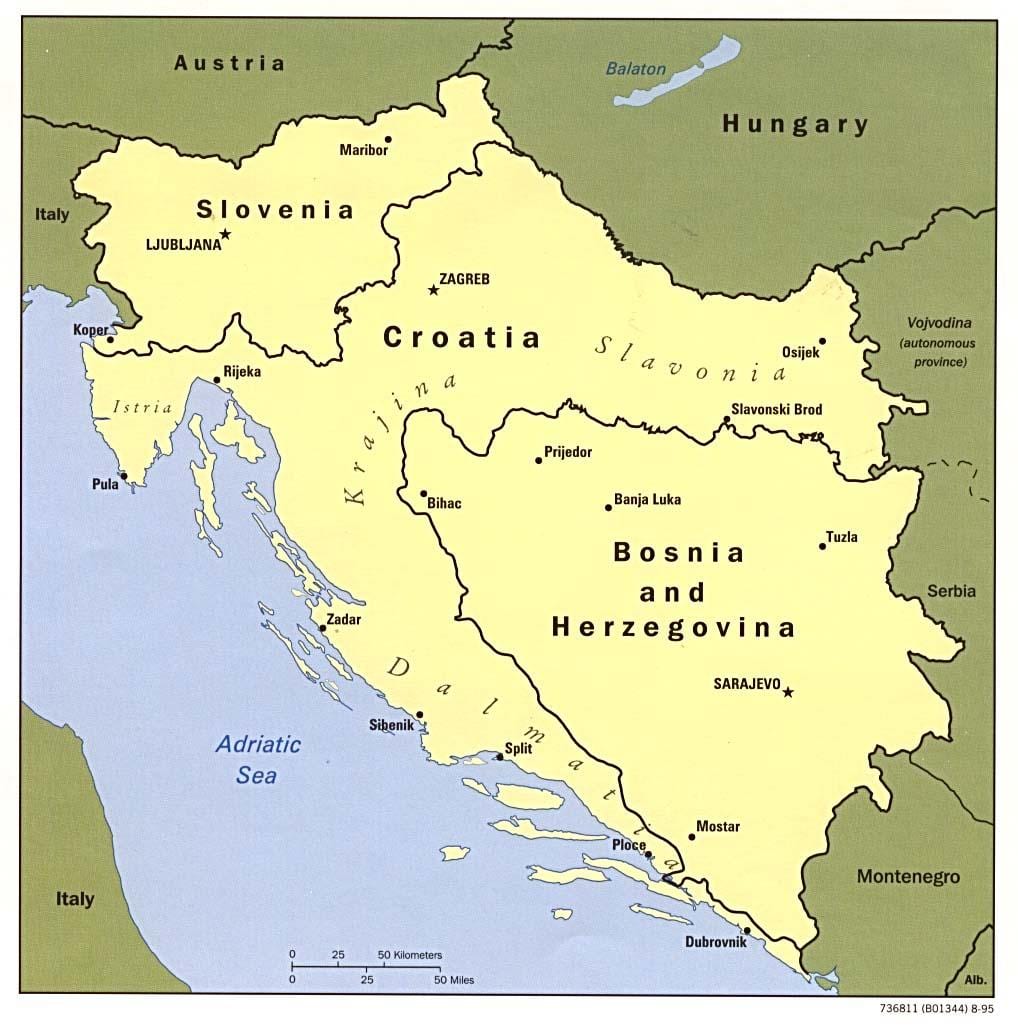 kaart van Bosnië en Herzegovina en omliggende lande